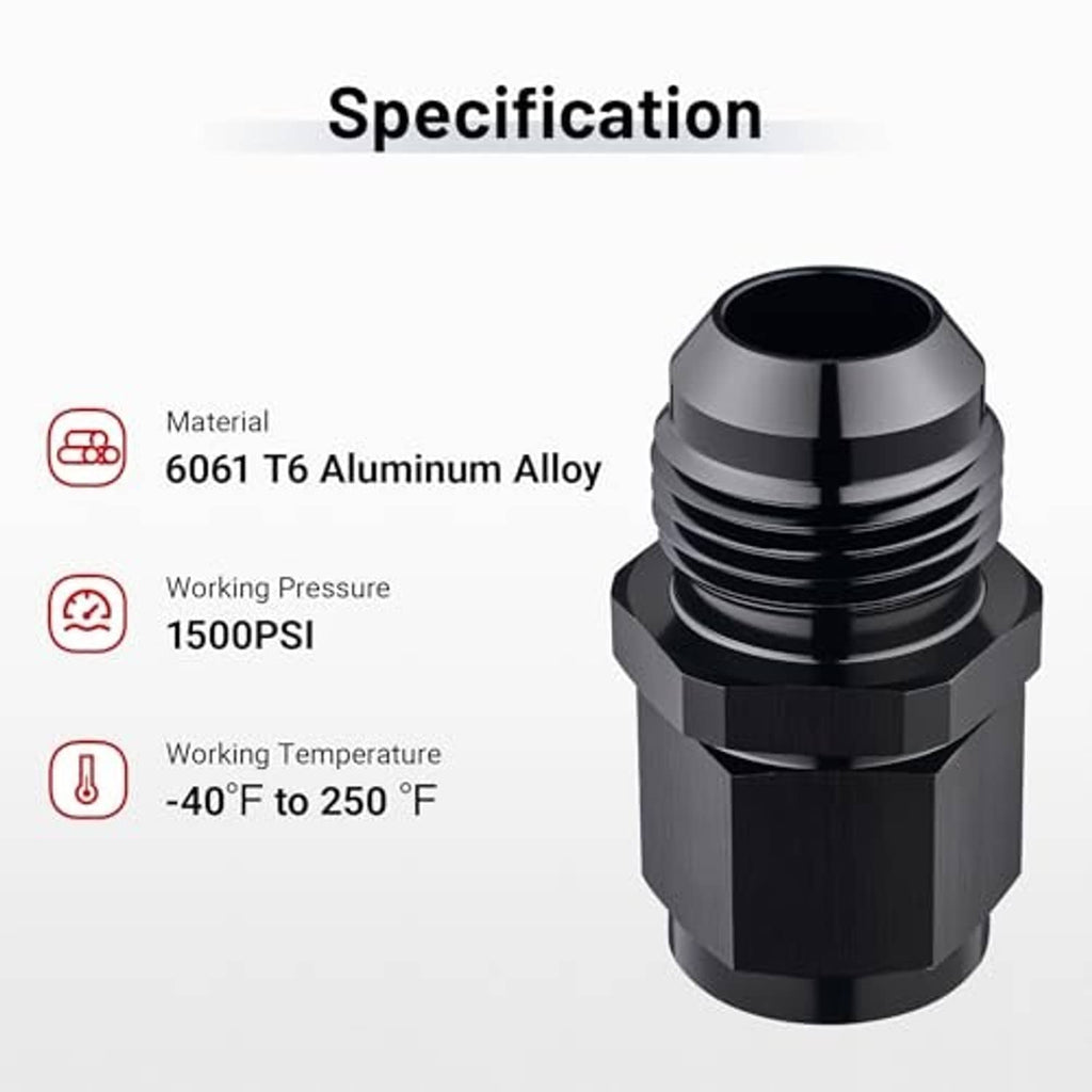 Black flare expander fitting adapter with stacked threads and hex body detail.