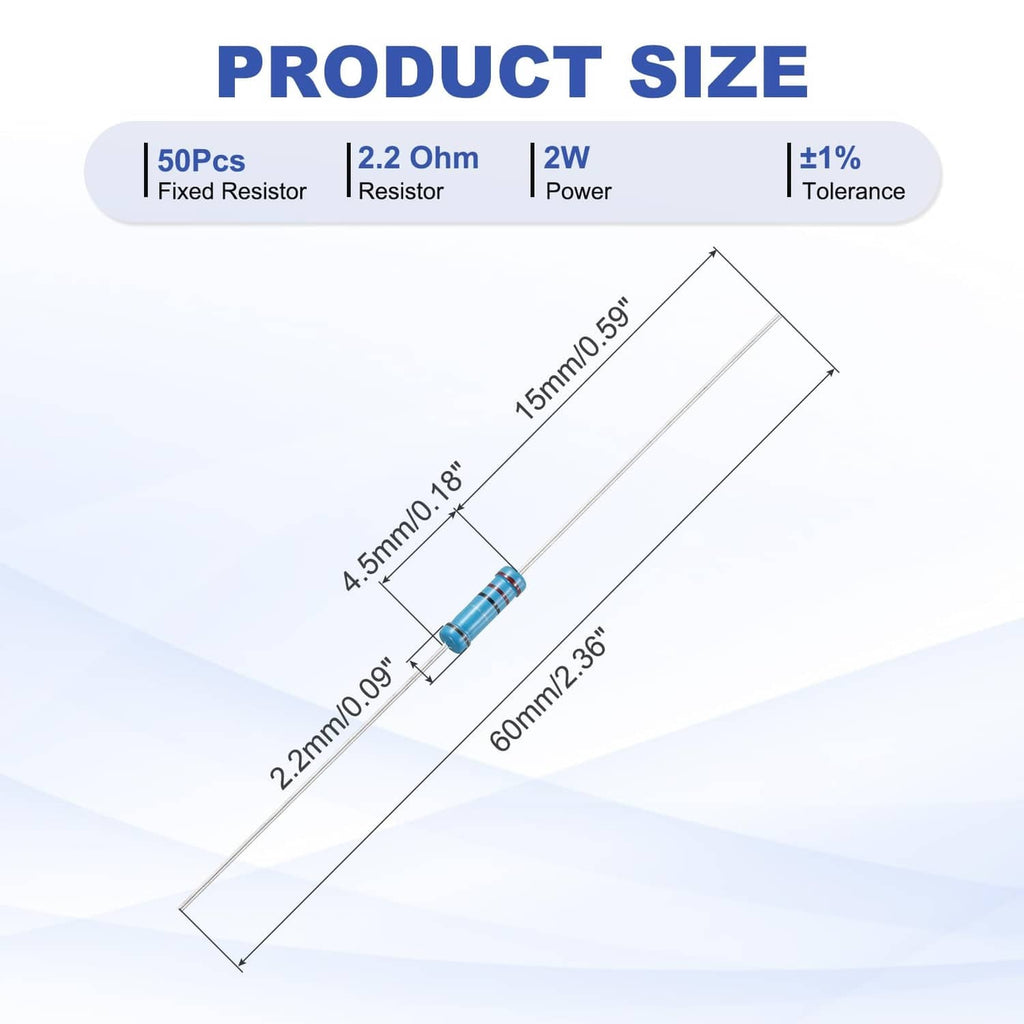 Blue 2.2 ohm fixed resistors with radial leads shown with size and tolerance diagram