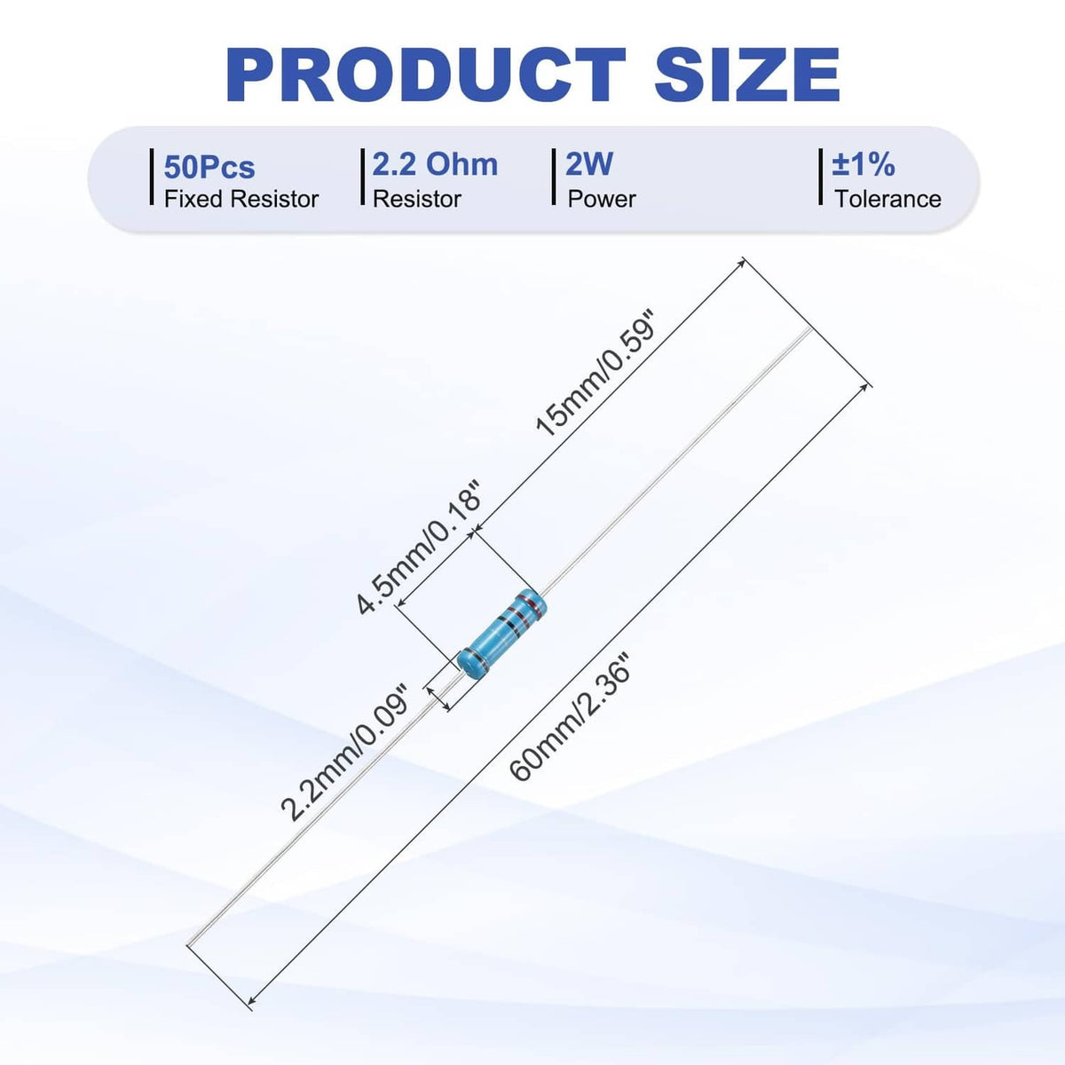 Blue 2.2 ohm fixed resistors with radial leads shown with size and tolerance diagram