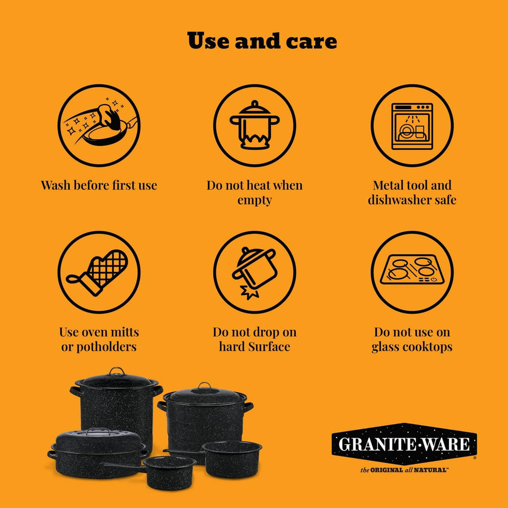 Stacked speckled black enamel-on-steel pots with lids