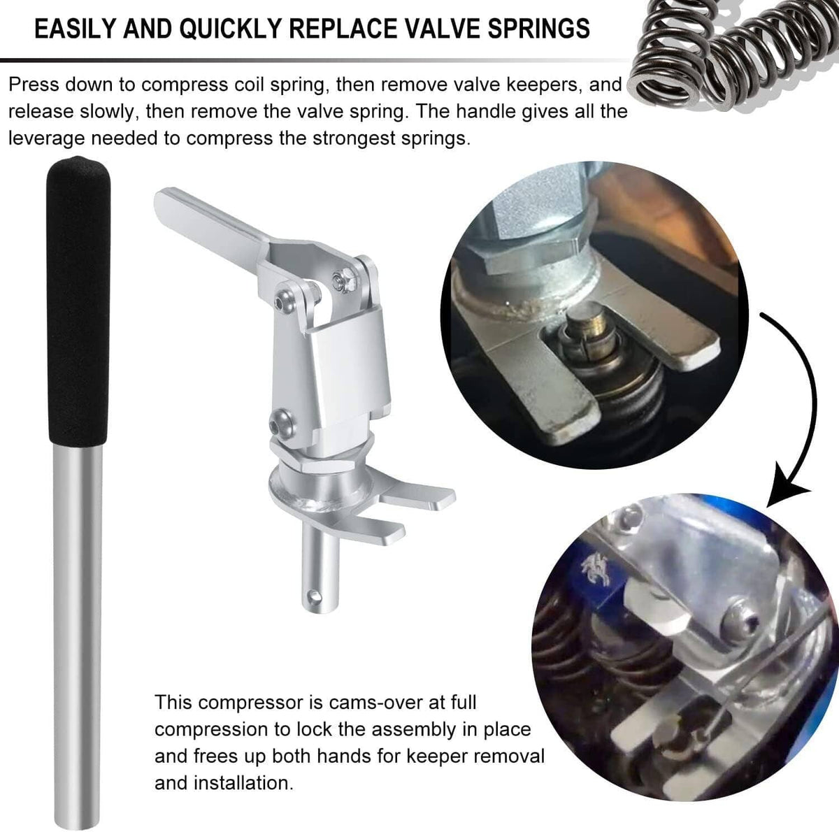 Valve spring compressor tool with lever press head and textured black grip
