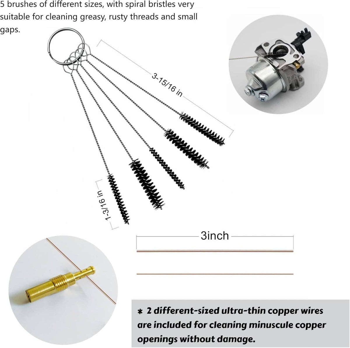 Carburetor cleaning brush set with spiral bristles on wire loop, 5 brushes