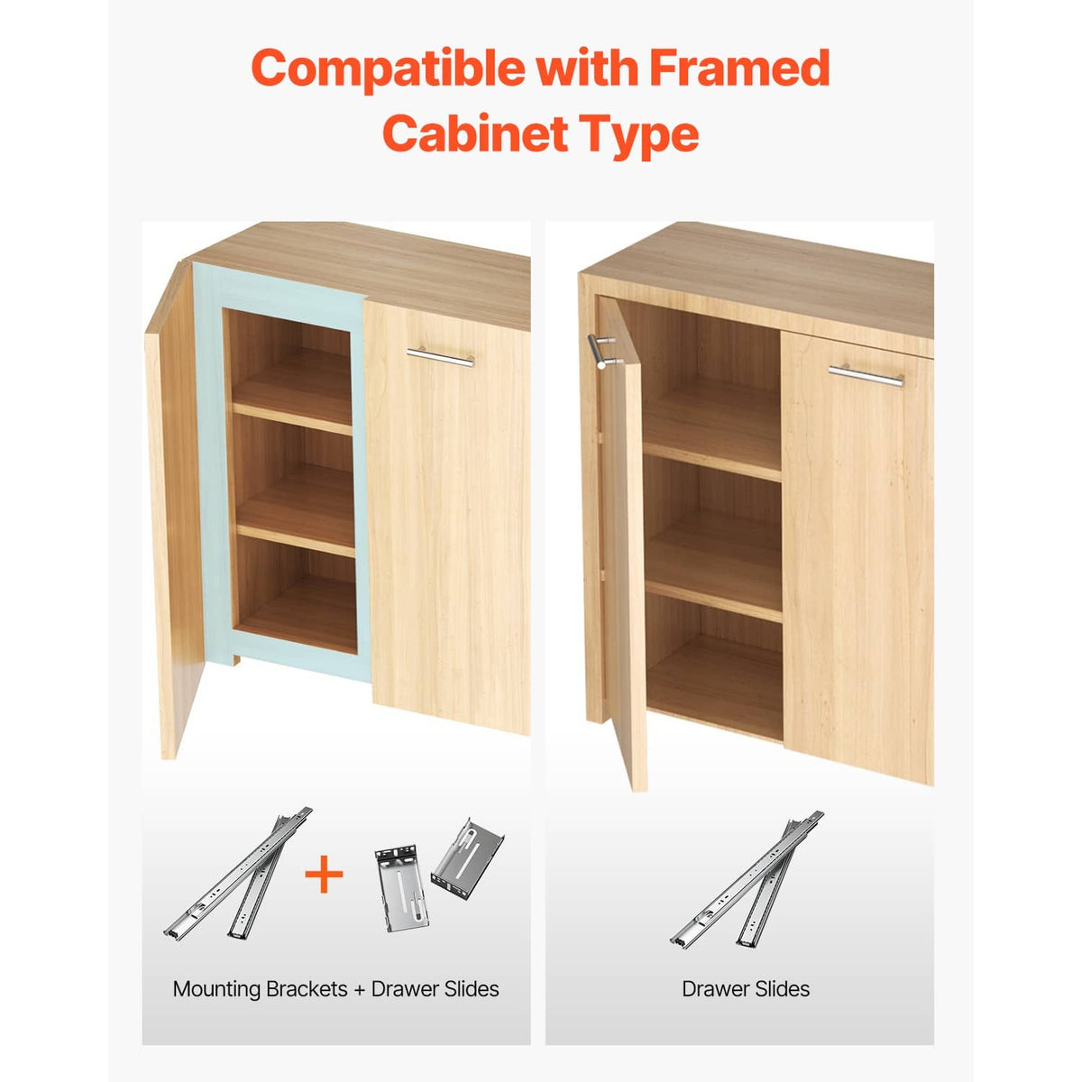 Side-mount drawer slides and mounting brackets shown installed on framed cabinets
