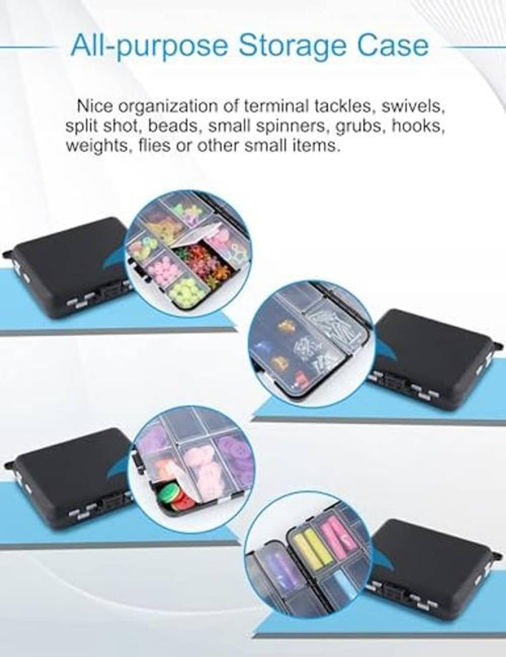 Black plastic storage cases with clear-lid compartments for small lures and gear.