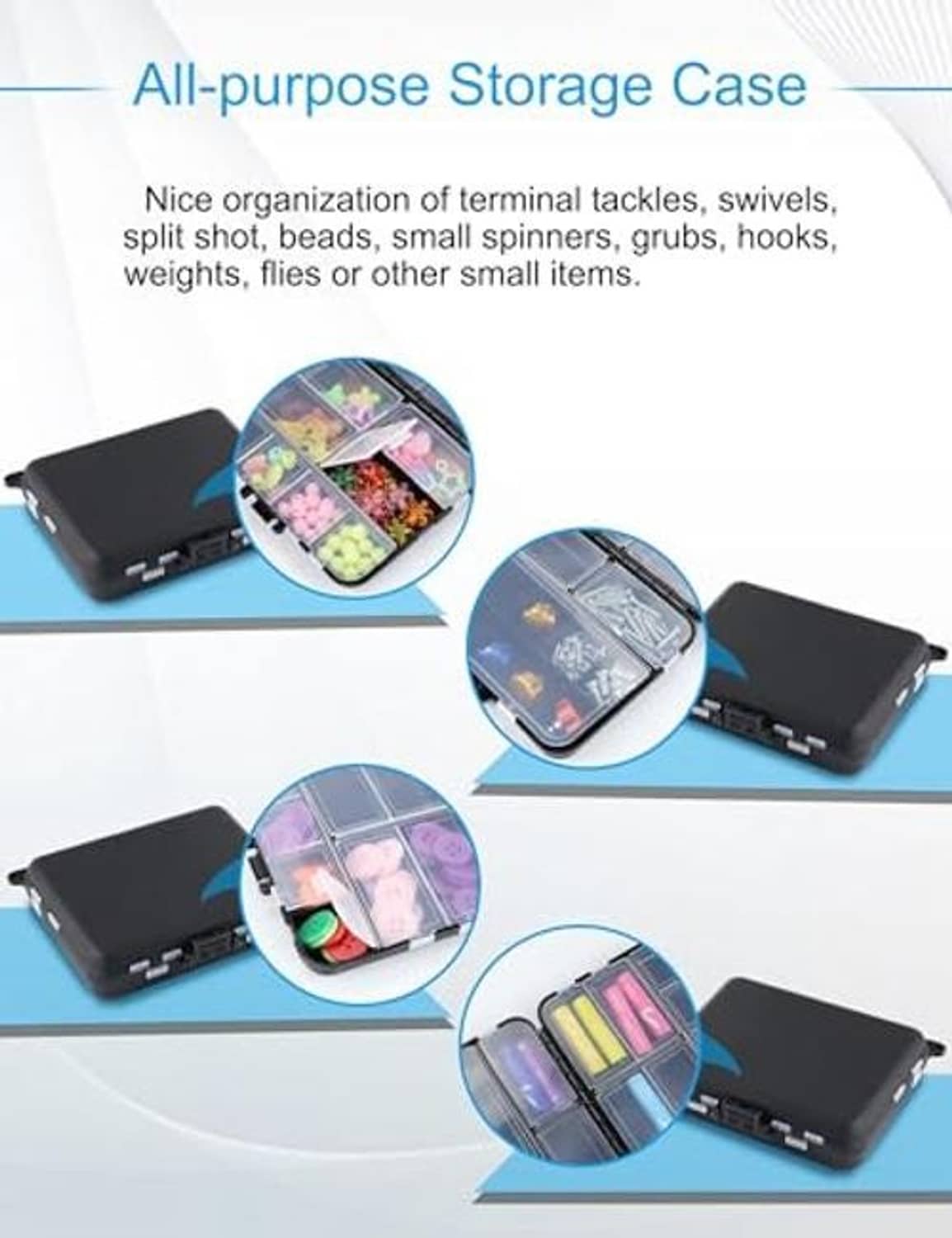 Black plastic storage cases with clear-lid compartments for small lures and gear.