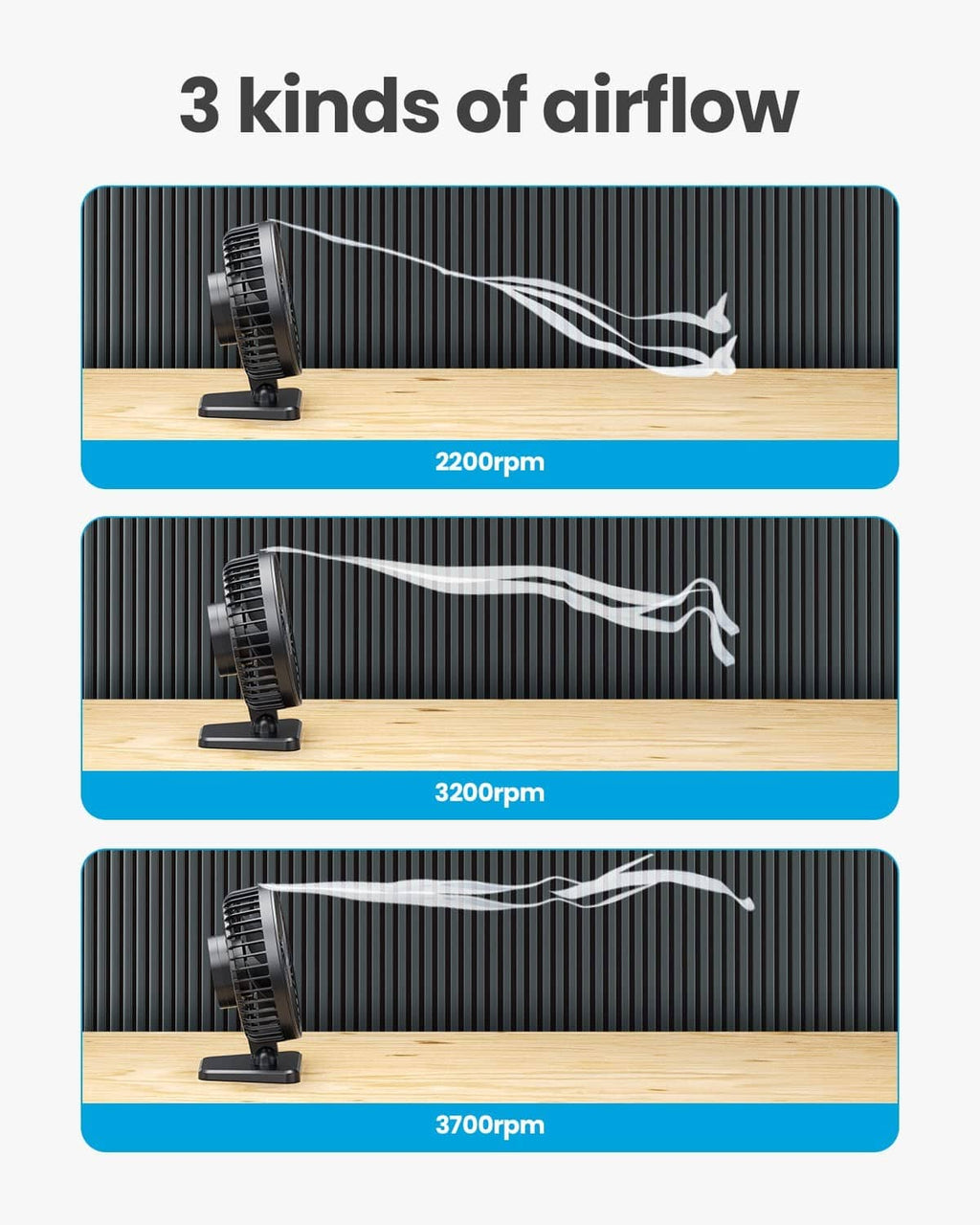 Black USB desk fan with airflow direction indicators from the front grille