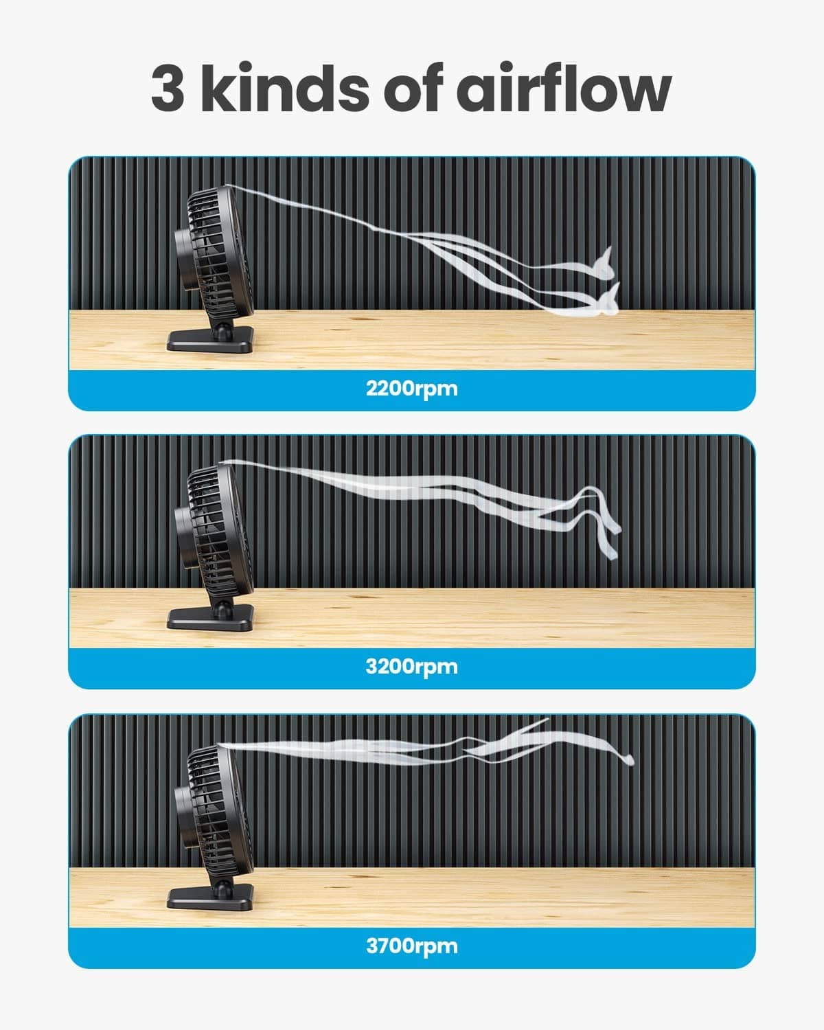 Black USB desk fan with airflow direction indicators from the front grille