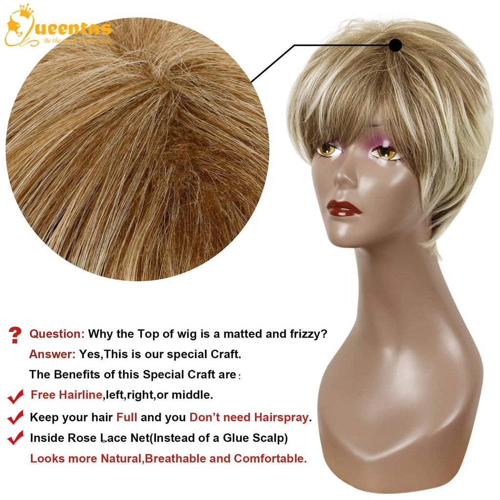Short blonde pixie wig with textured hair and layered crown, close-up detail