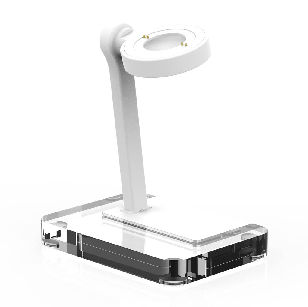 Clear and white 4-pin smartwatch charging stand with upright charging cradle.
