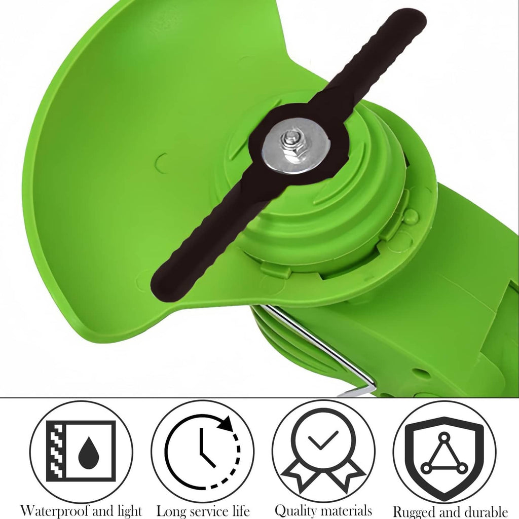 Green trimmer head guard with black blade bar and center metal fastener