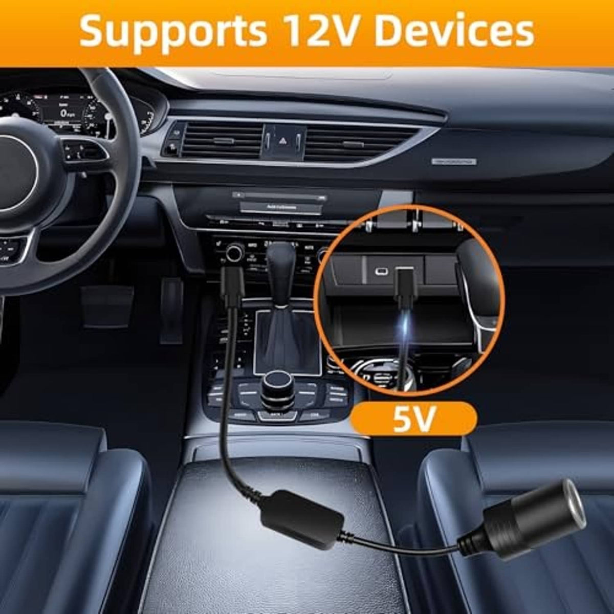 USB-C to 12V cigarette lighter adapter plugged into a car outlet, black design