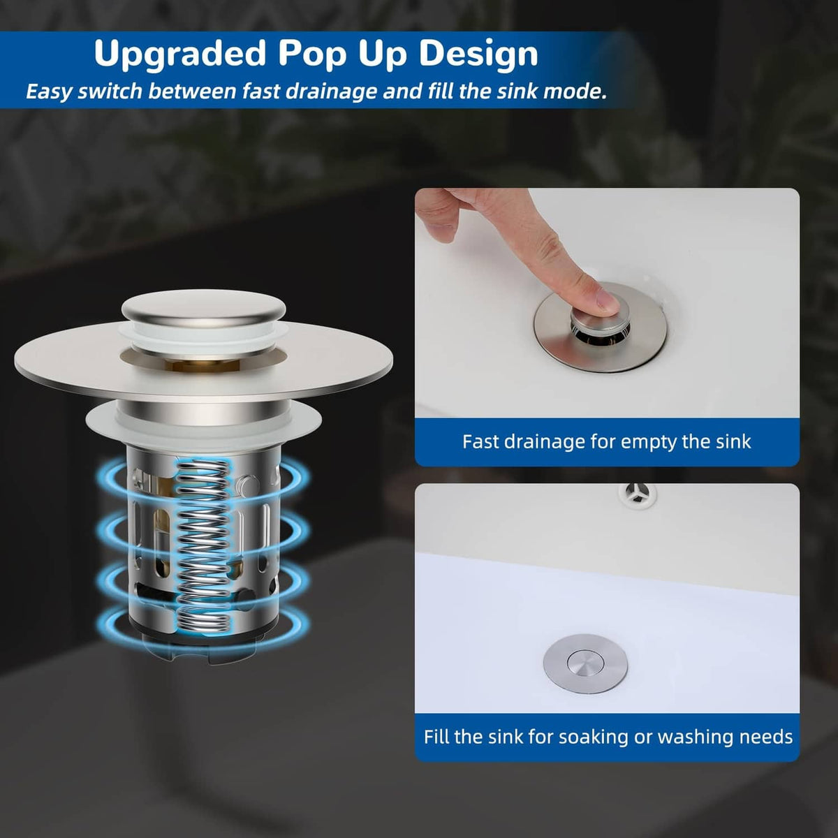 Pop-up sink drain stopper with spring mechanism for fast draining and refill mode