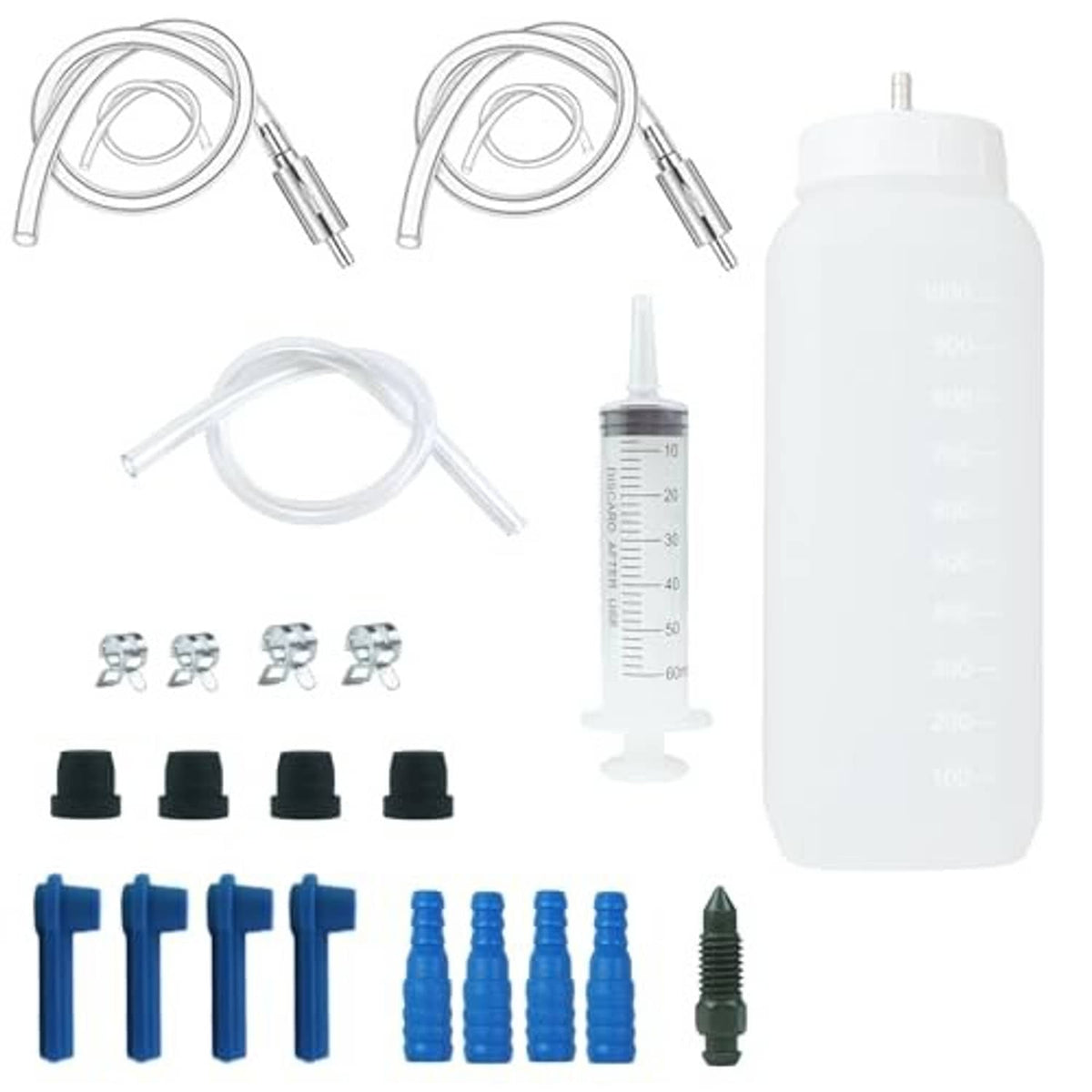 Brake bleeder kit with 1L bottle, clear hoses, syringe with measurement marks, check valve