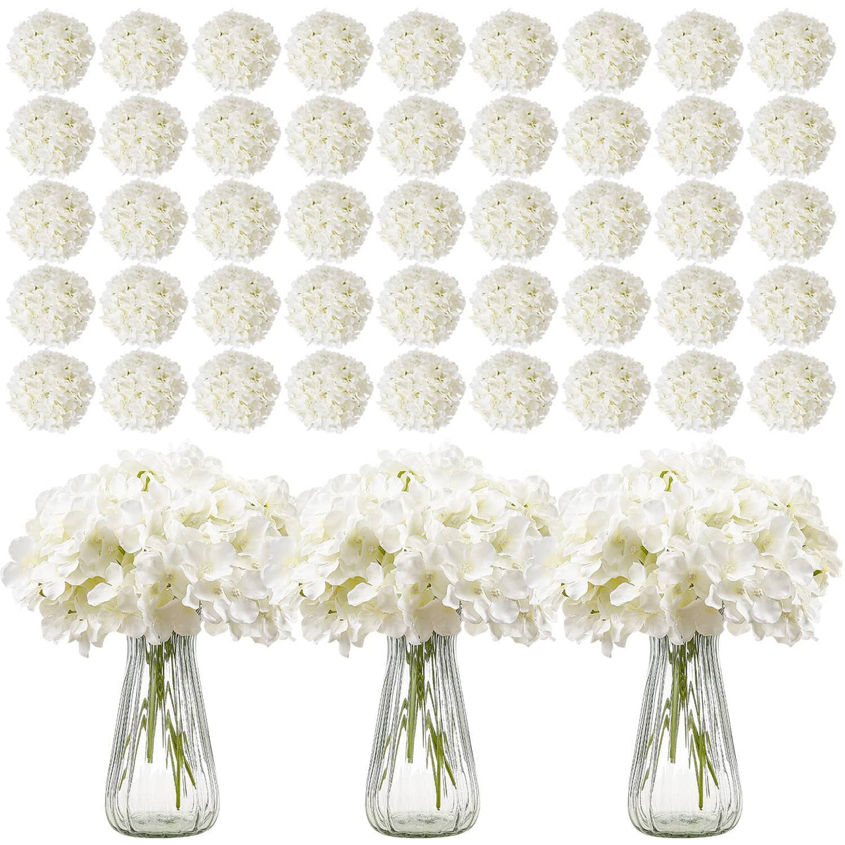 Artificial white hydrangea bouquet arrangement with three small vases and gathered blooms