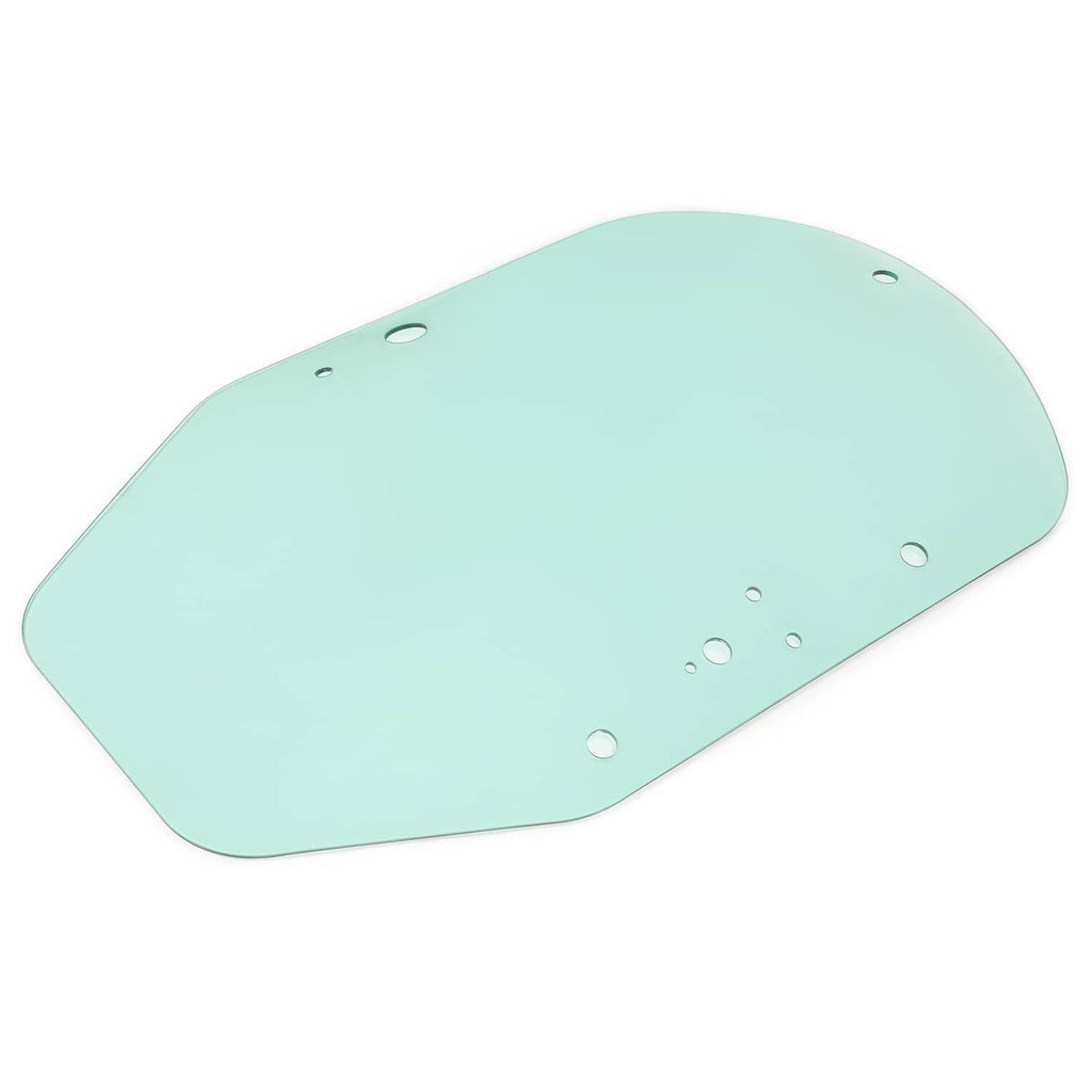 Light green cab door glass with rounded shape and several mounting holes on top right