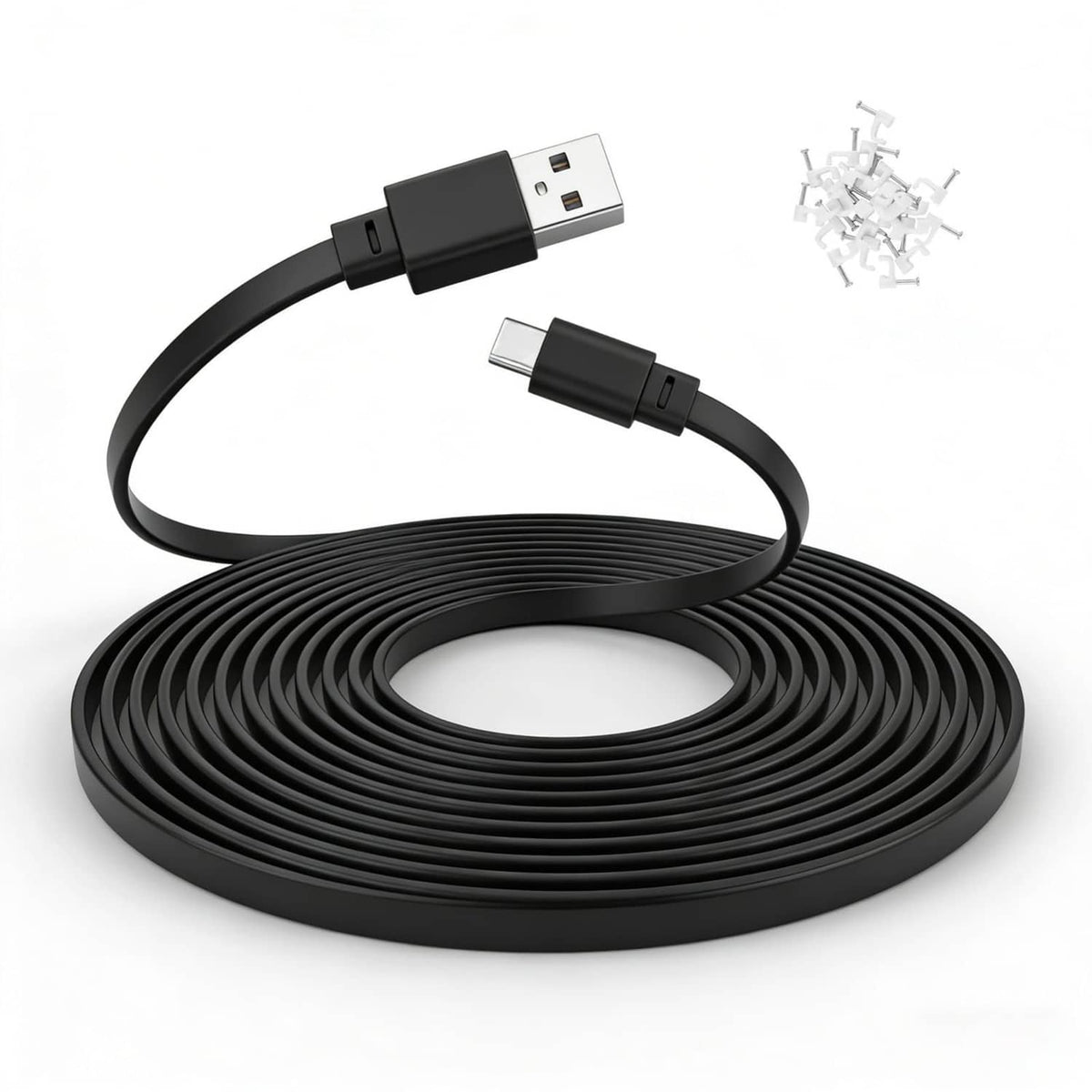 26ft black USB-A to USB-C charging cable with coiled length and metal connectors