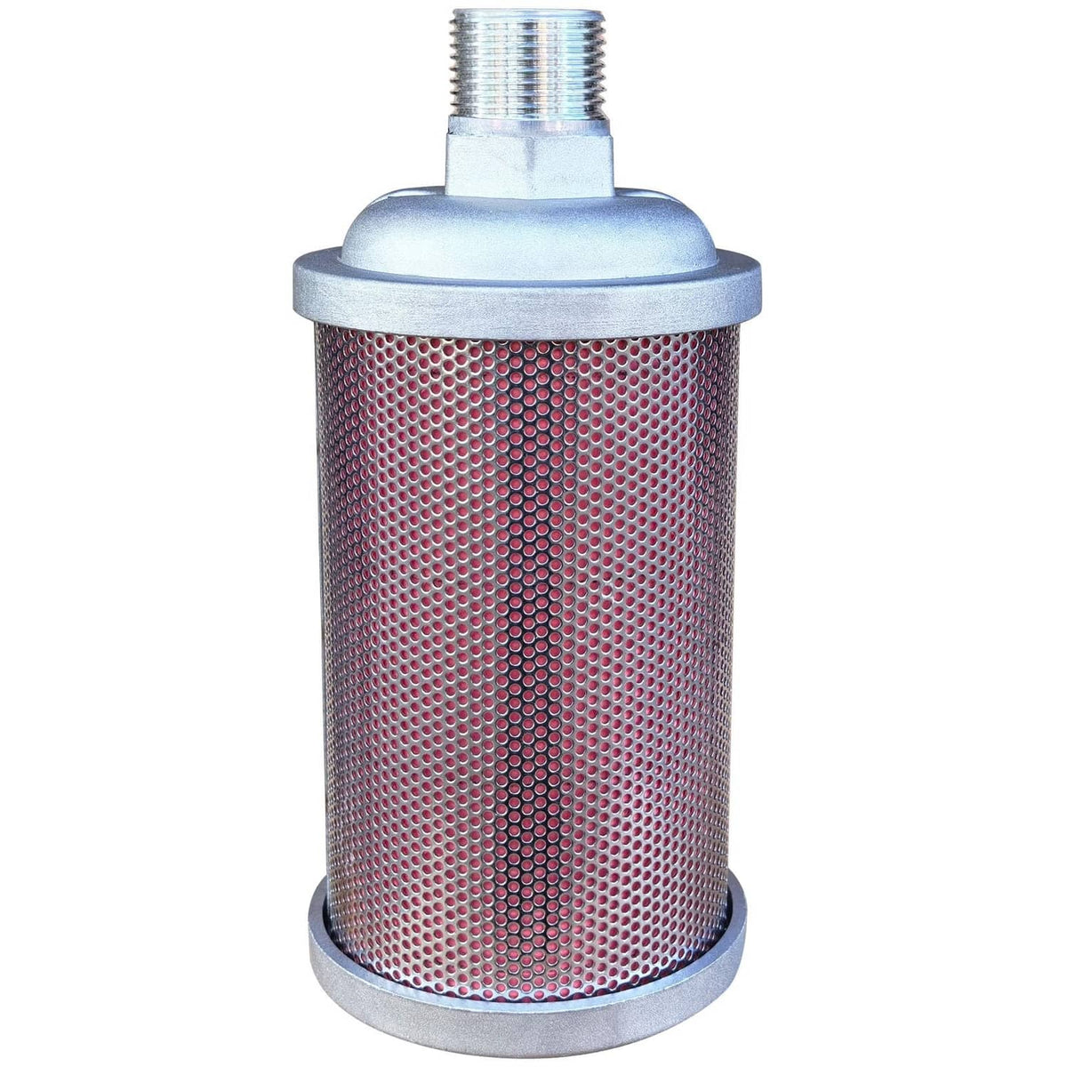Cylindrical air exhaust muffler with red perforated mesh and threaded top connection