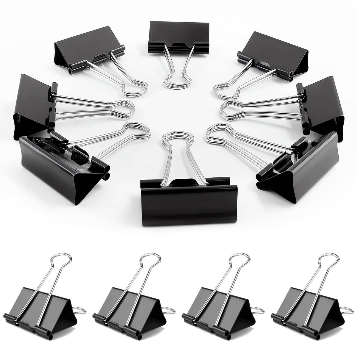 Black medium binder clips set with silver spring handles, 72-piece pack