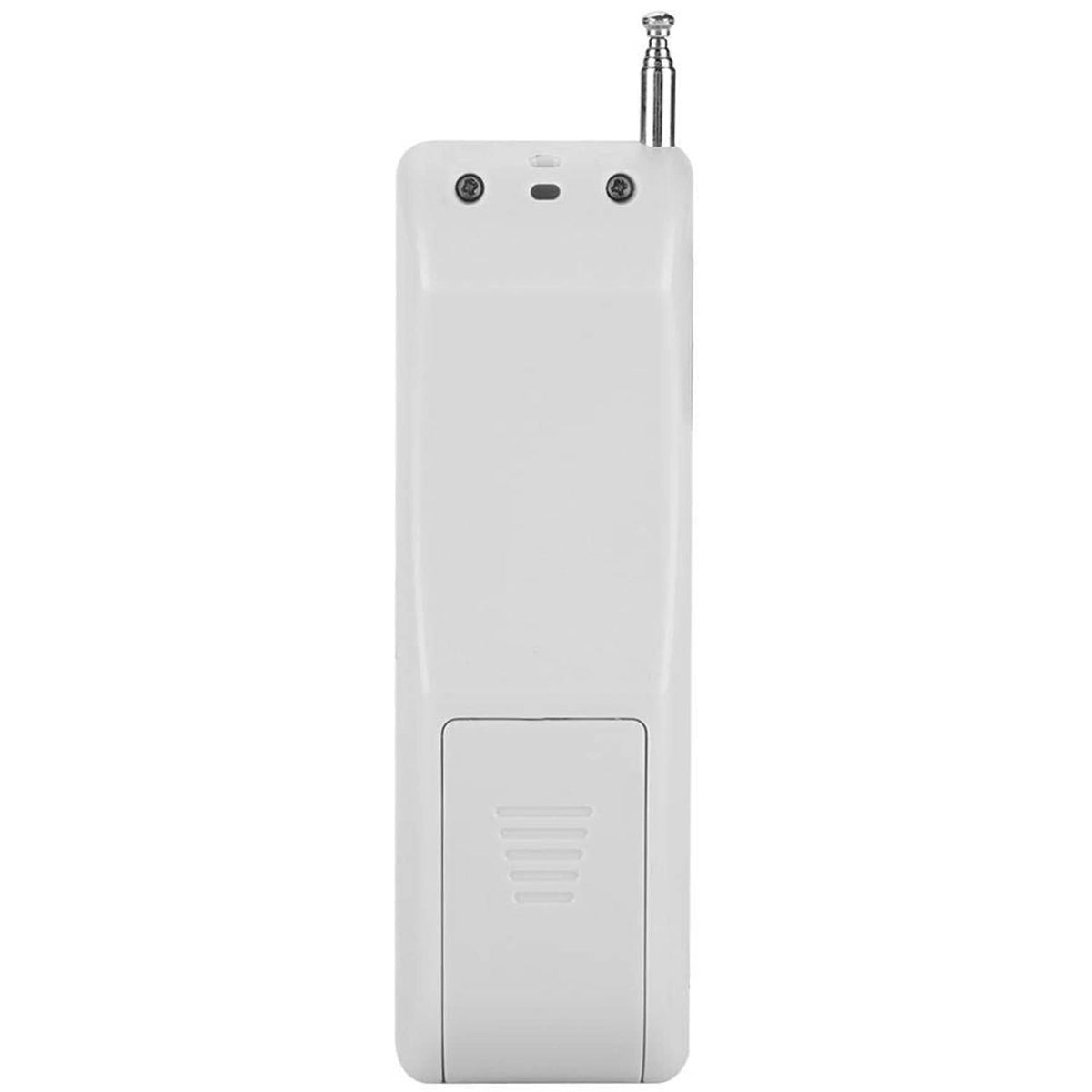 White 2-channel RF remote transmitter back view with antenna and speaker grille