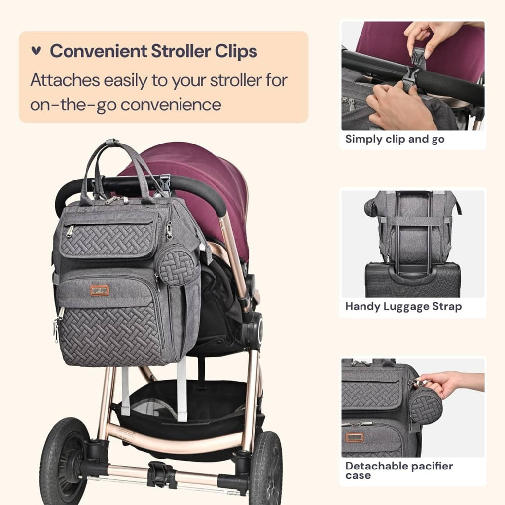 Dark gray diaper bag backpack with front pocket, stroller clips, and detachable pacifier case