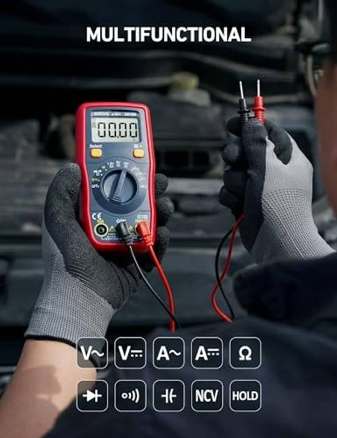 Digital voltmeter multimeter held in gloved hand with test probes and buttons