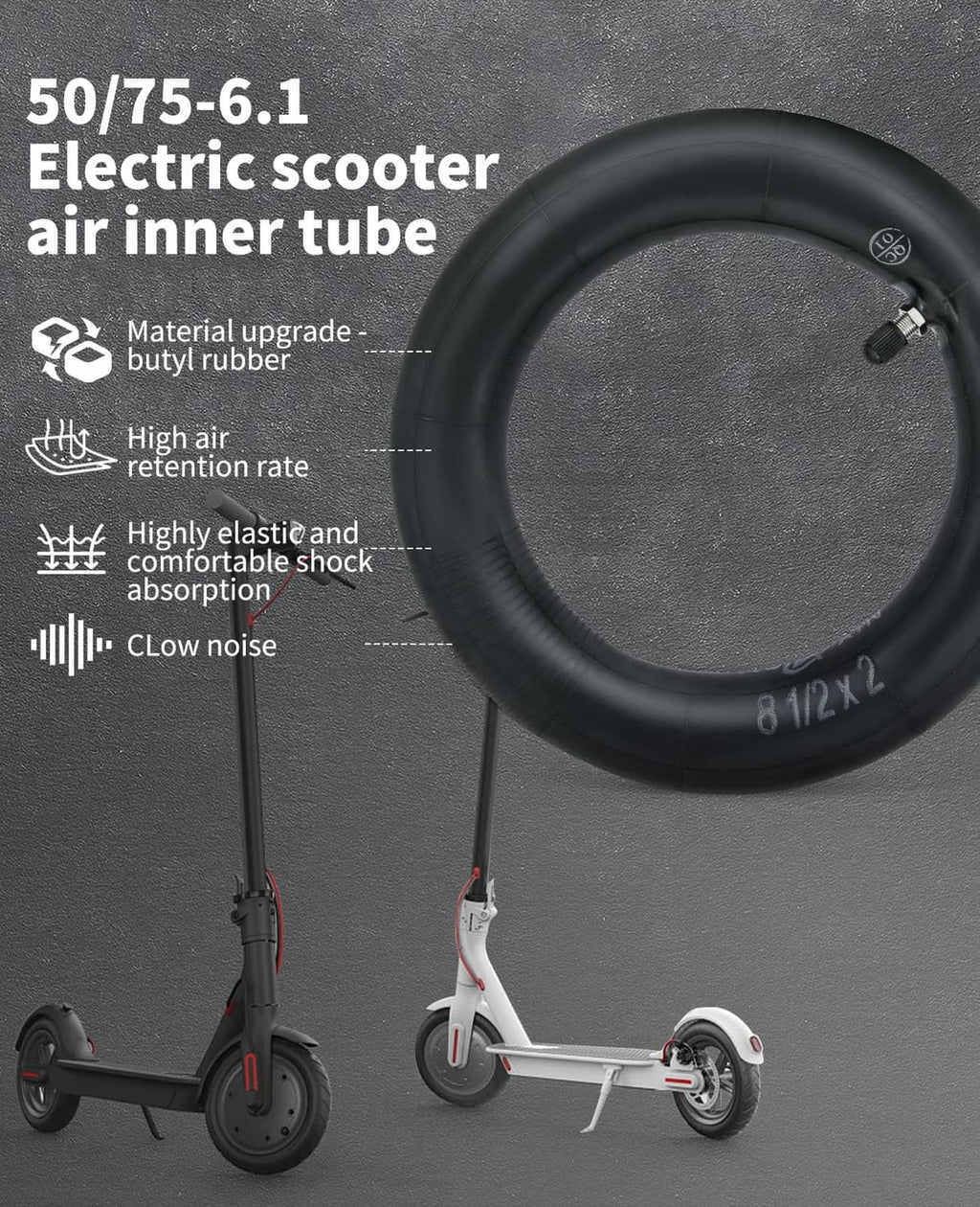 Black air inner tube ring for scooter, valve stem and size marking visible