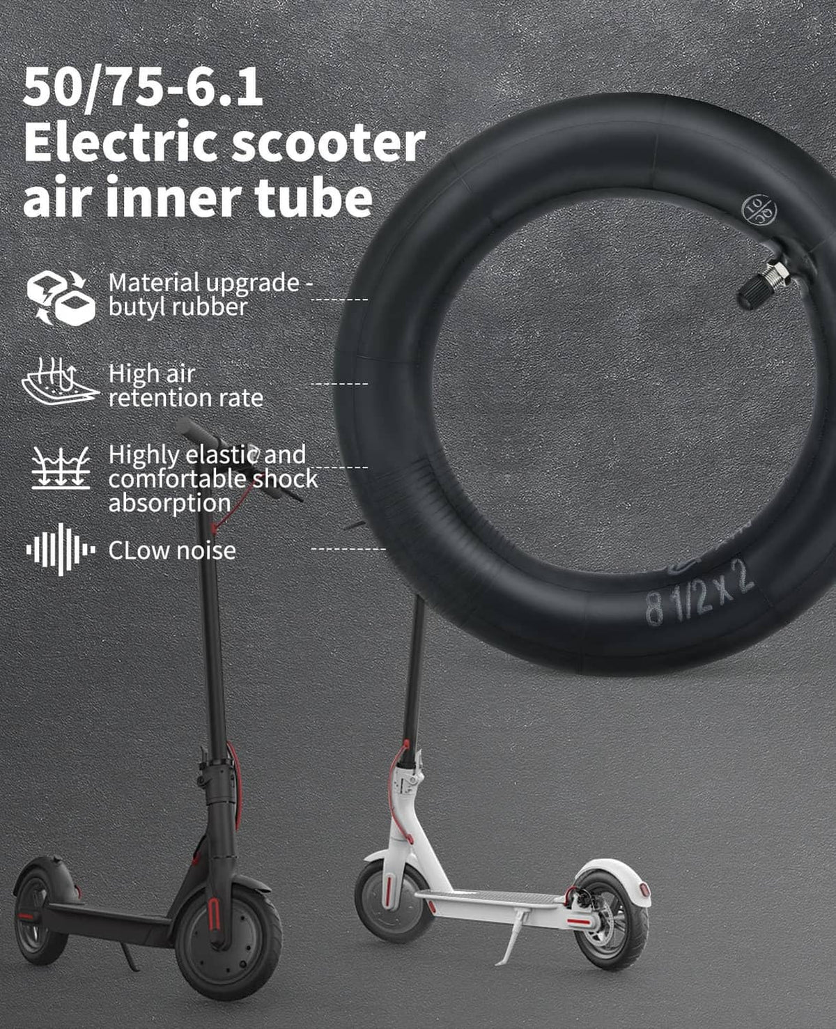 Black air inner tube ring for scooter, valve stem and size marking visible