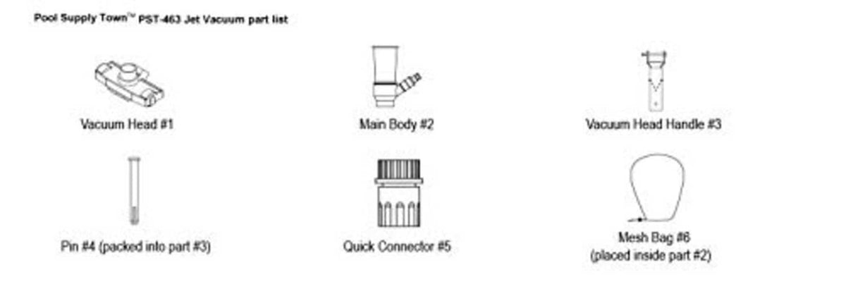 Pool jet vacuum parts: vacuum head, main body, handle, quick connector, pin