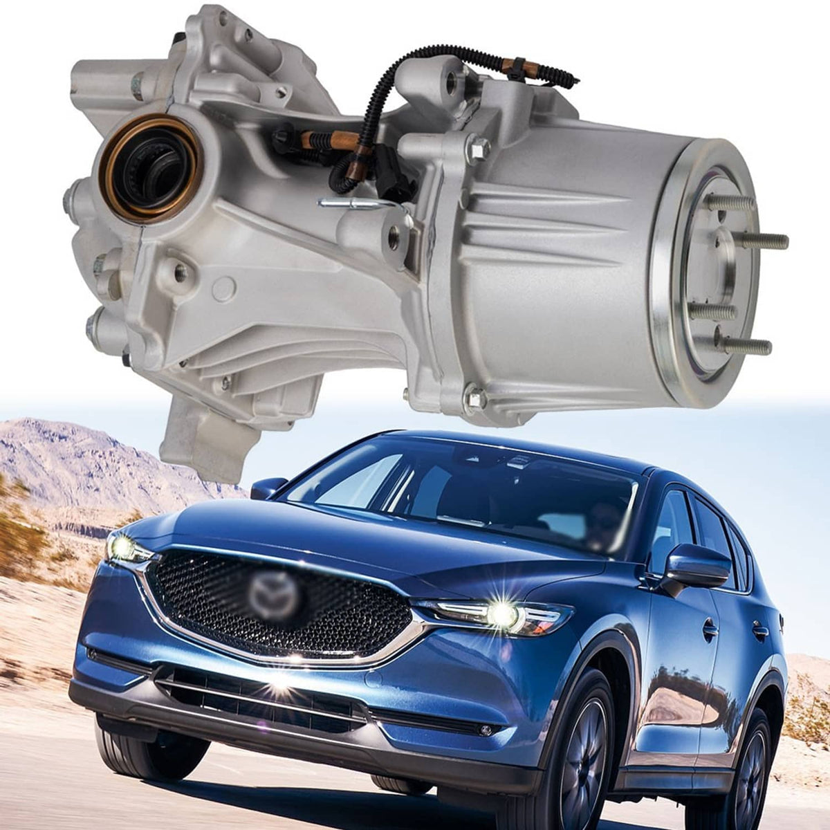 Rear axle differential assembly, silver metal housing with electrical harness and ports