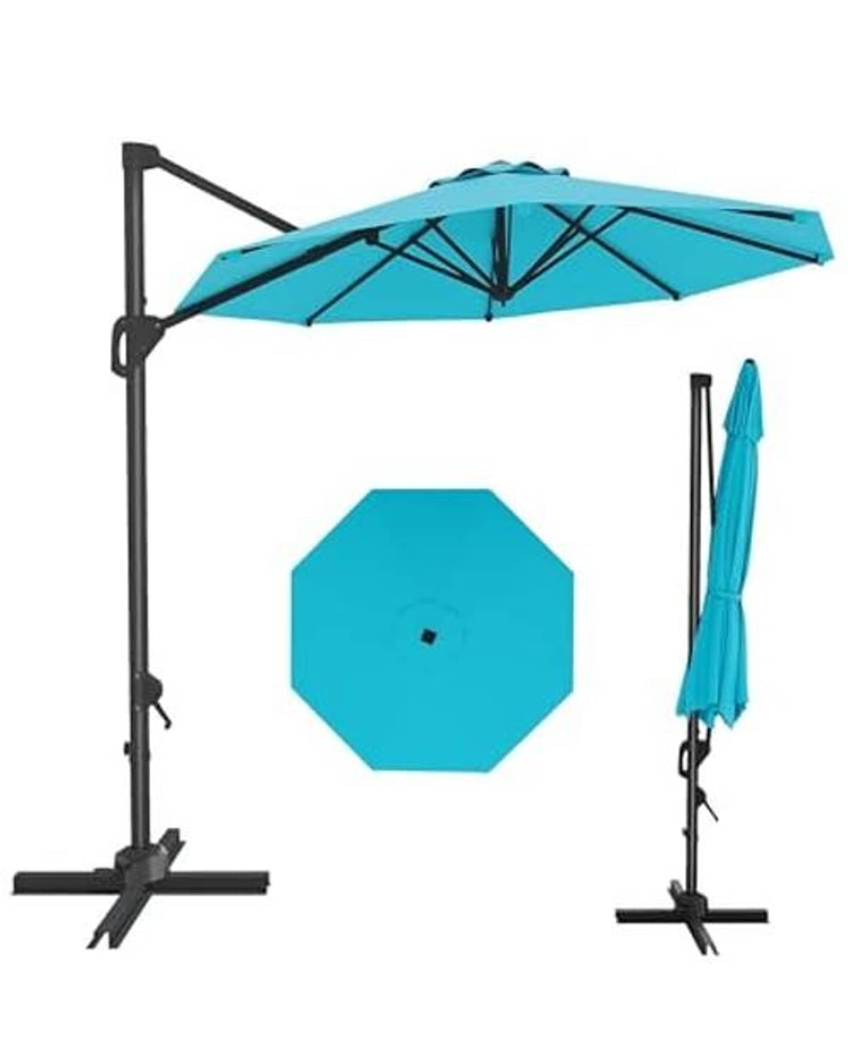 Turquoise cantilever umbrella set showing base stand and canopy, plus closed cover.