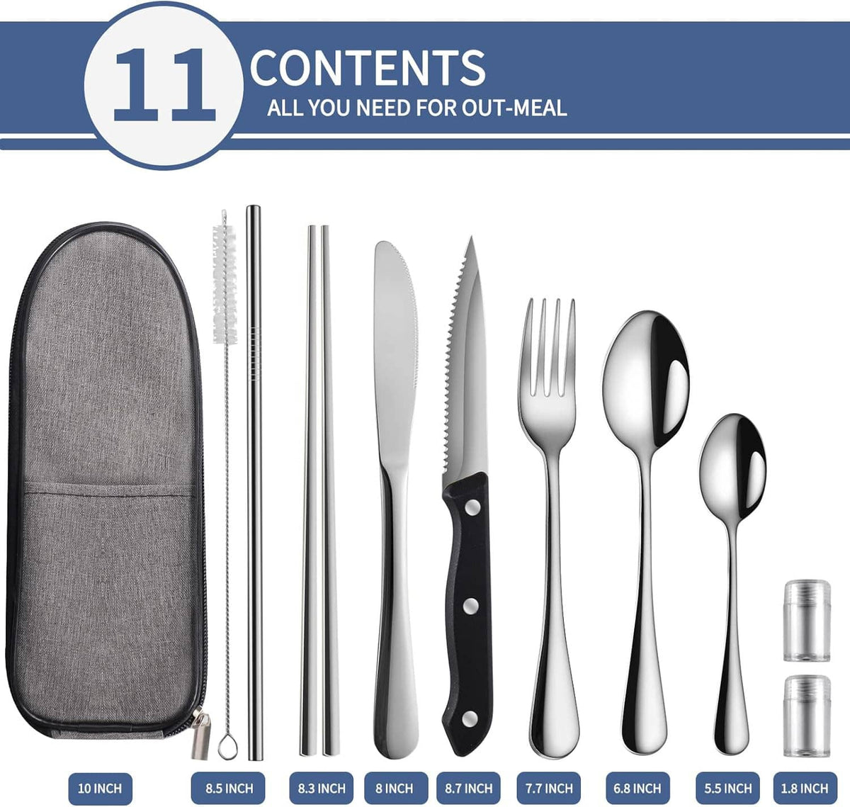 Travel cutlery set with gray case, stainless utensils, reusable straws, and cleaning brush.