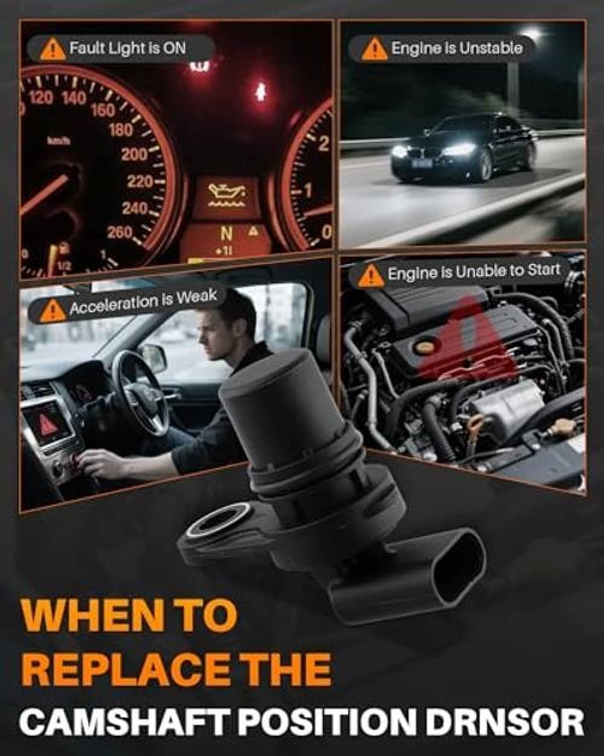 Camshaft position sensor shown for replacement, with dashboard and engine diagnostic panels