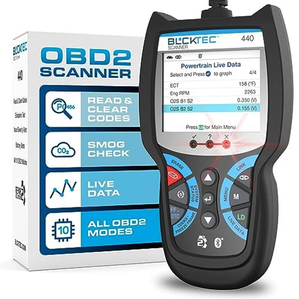 Bluetooth OBD2 scanner showing live data on display with product box behind