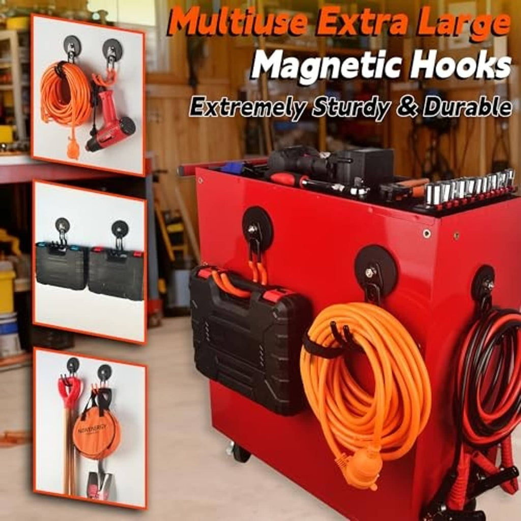 Multiple black magnetic hooks on a red tool cart, holding orange and red cords