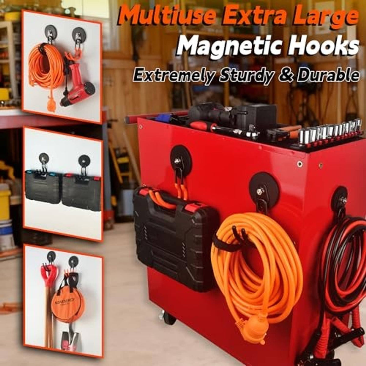 Multiple black magnetic hooks on a red tool cart, holding orange and red cords