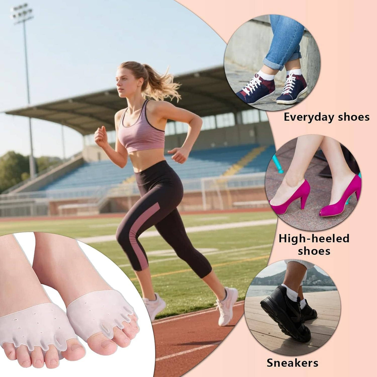 White silicone toe separators worn on toes during outdoor activity with shoes.