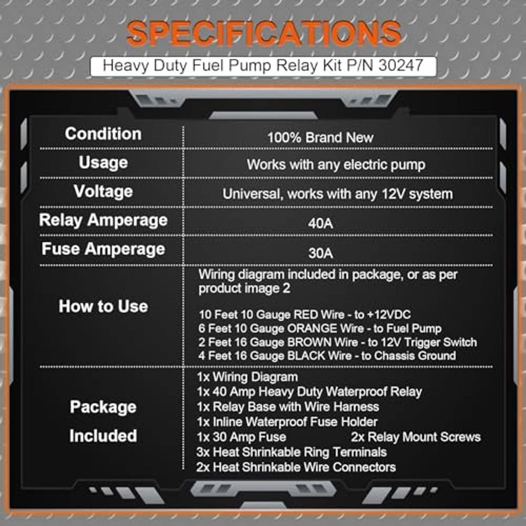 Specifications chart for heavy-duty electric fuel pump relay kit P/N 30247