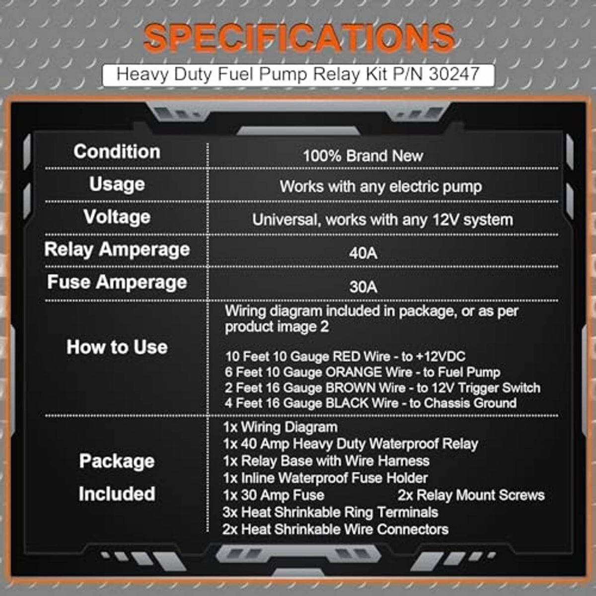 Specifications chart for heavy-duty electric fuel pump relay kit P/N 30247