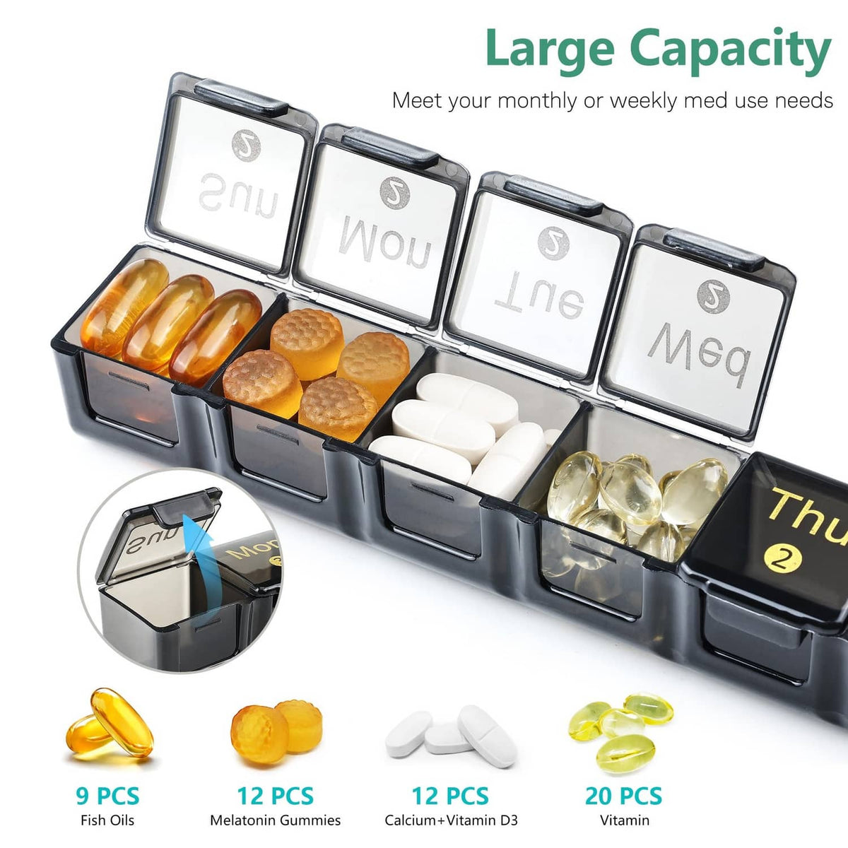 Black monthly pill organizer with clear lids open showing compartments for pills and capsules