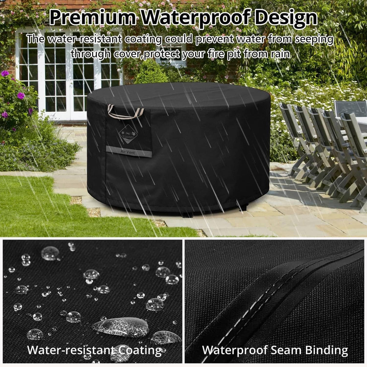 Black round fire pit cover with water-resistant coating; water beads on surface