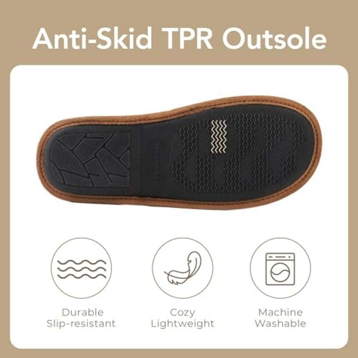 Underside view of dark gray knit slipper with brown-trim anti-skid outsole tread