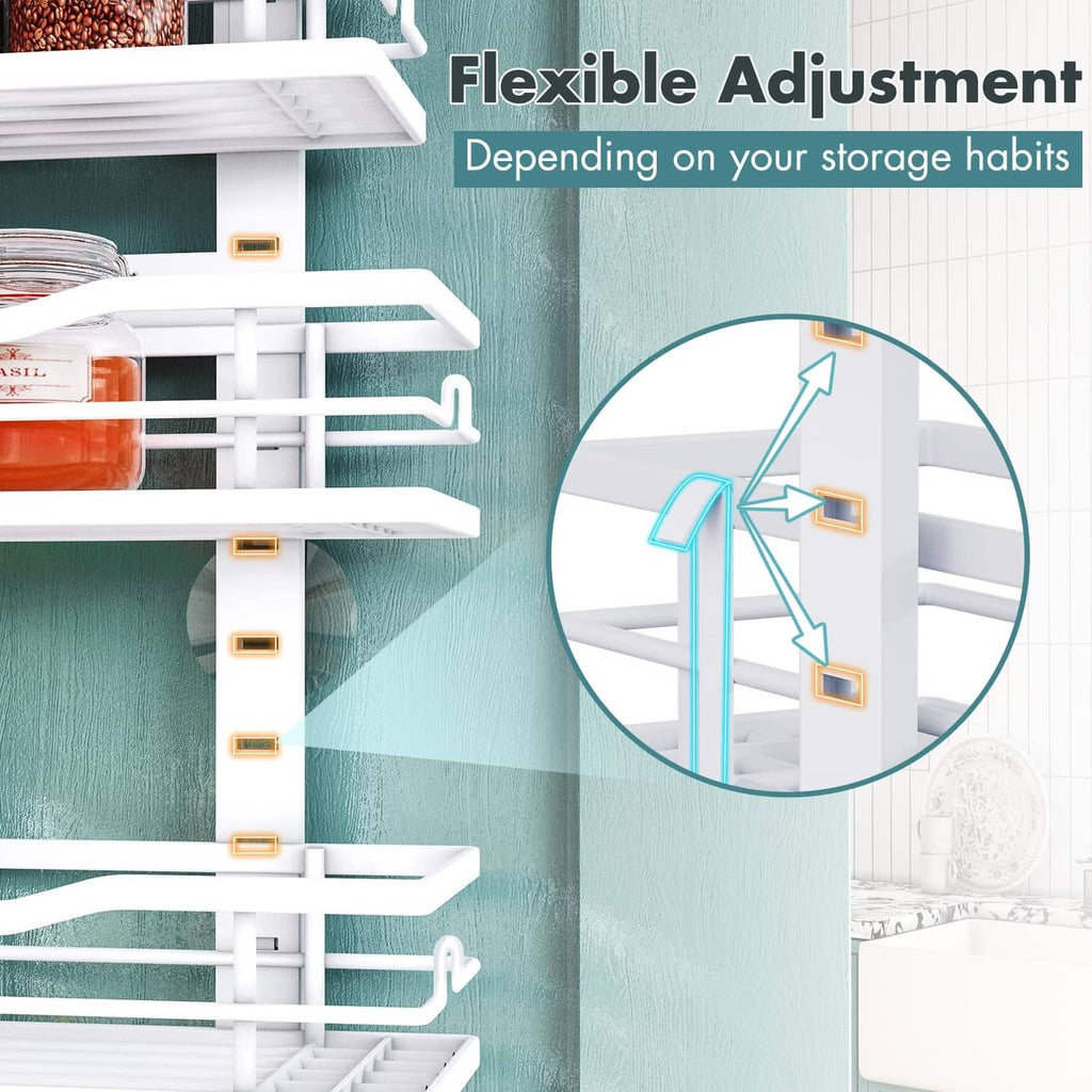White over-the-door pantry organizer with adjustable side pegs and wire shelves