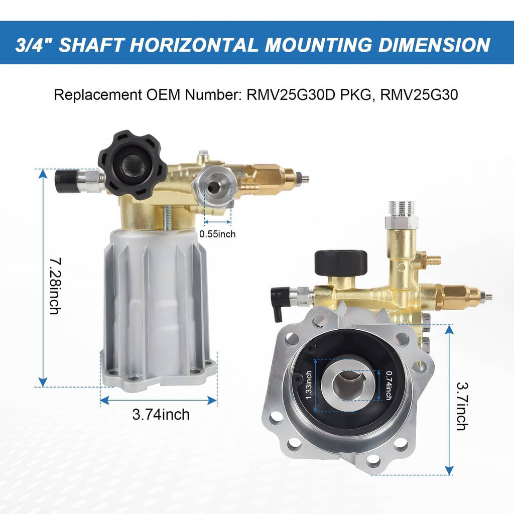 Axial pressure washer pump with 3/4-inch shaft, gold manifold, and black end cap