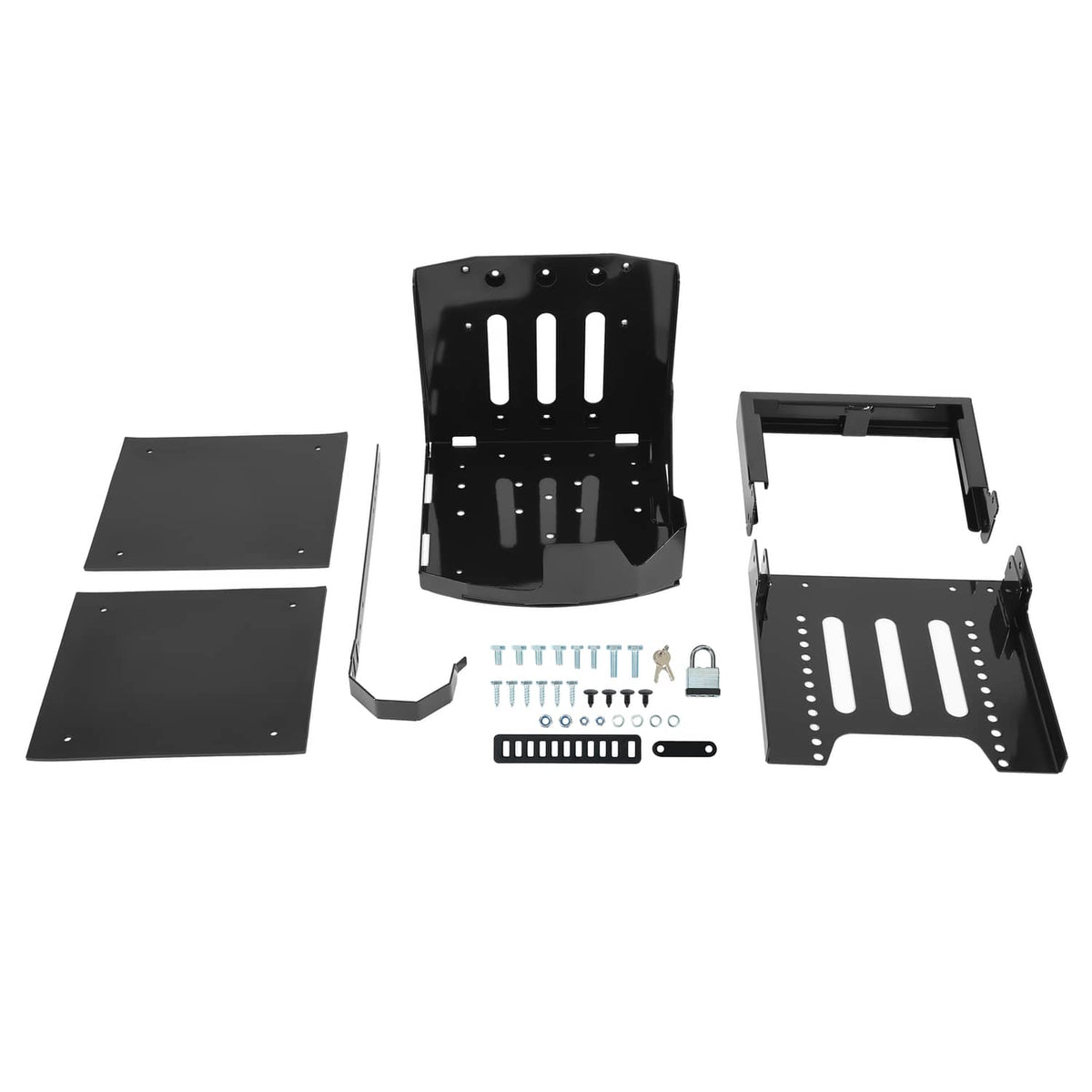 Adjustable black trailer rack mount kit with panels, hardware, and hanging latch