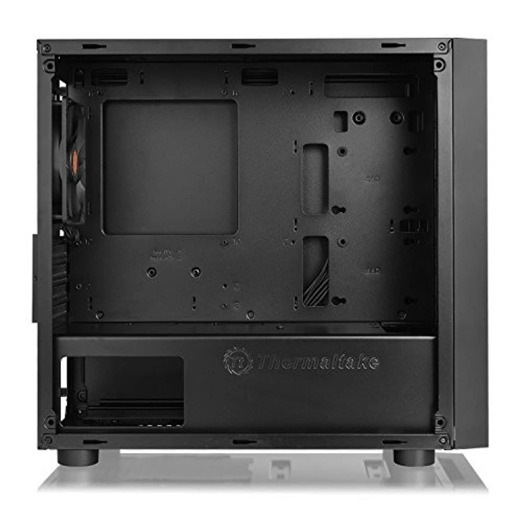 Open black PC case interior with motherboard tray and Thermaltake PSU area