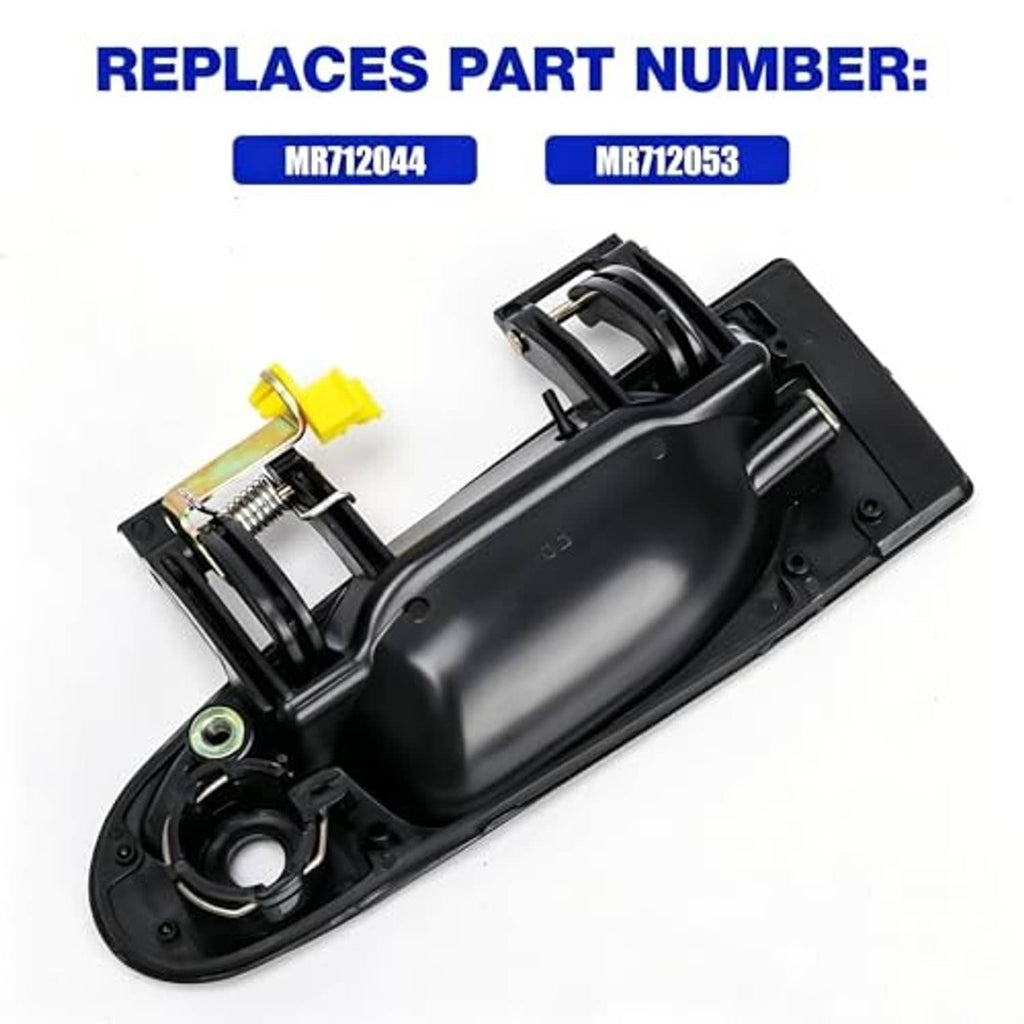 Black exterior door handle assembly with mounting springs and yellow connector clip