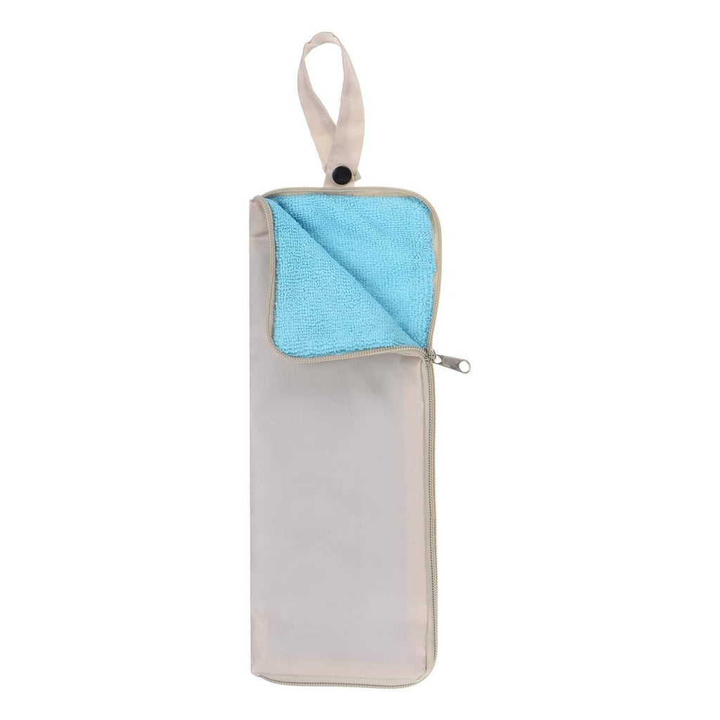 Cream umbrella carry bag with blue microfiber pocket and top carry strap