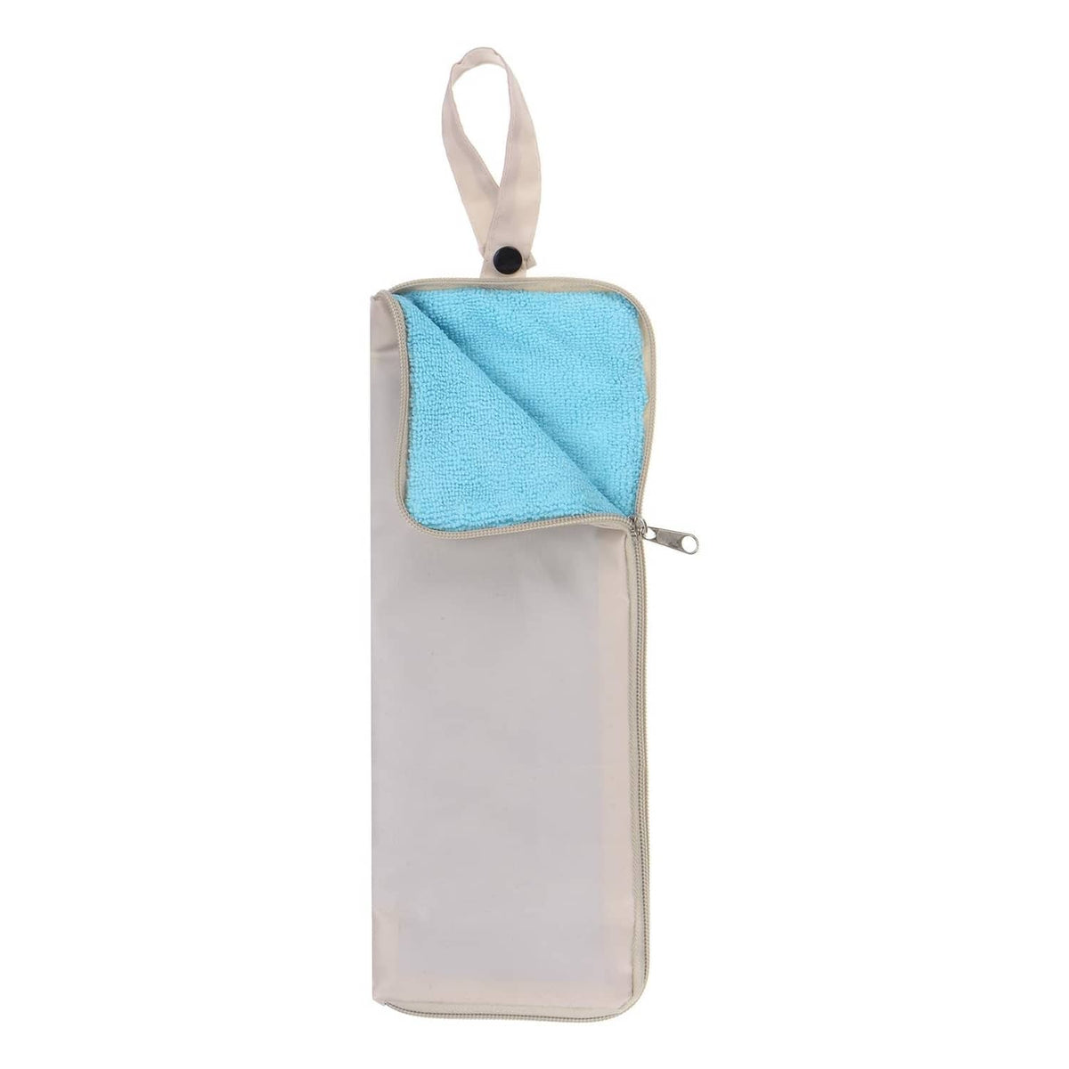 Cream umbrella carry bag with blue microfiber pocket and top carry strap