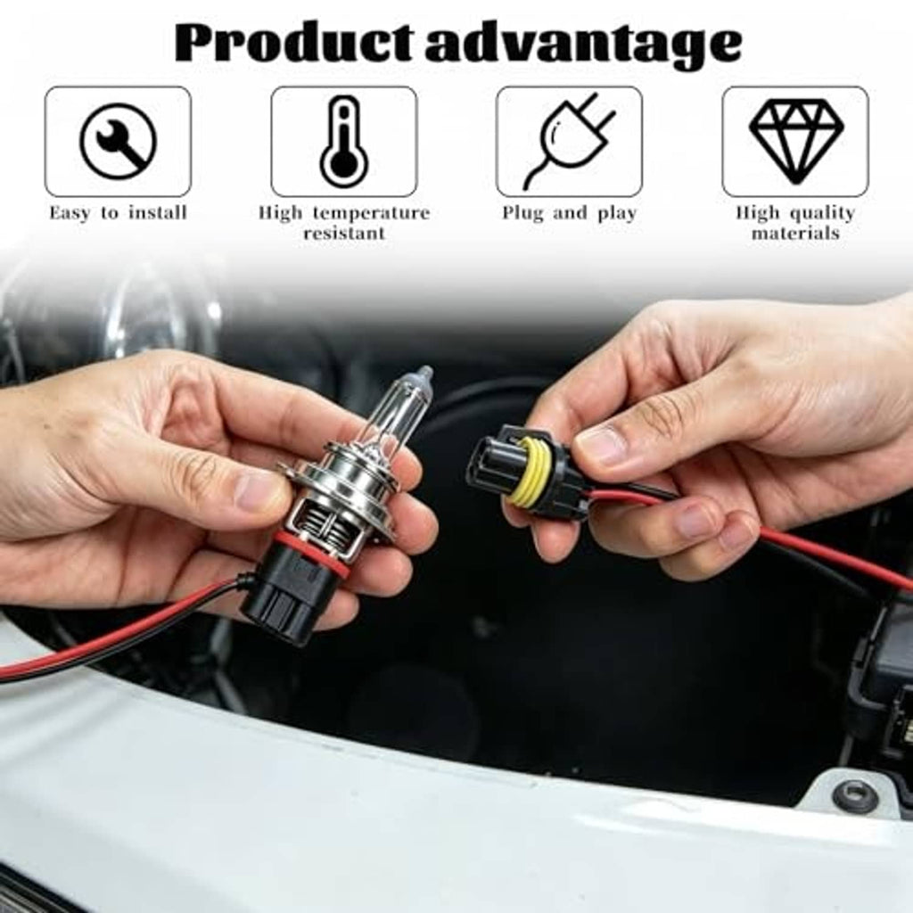 Headlight wiring harness connector and bulb socket, with red and black wire leads