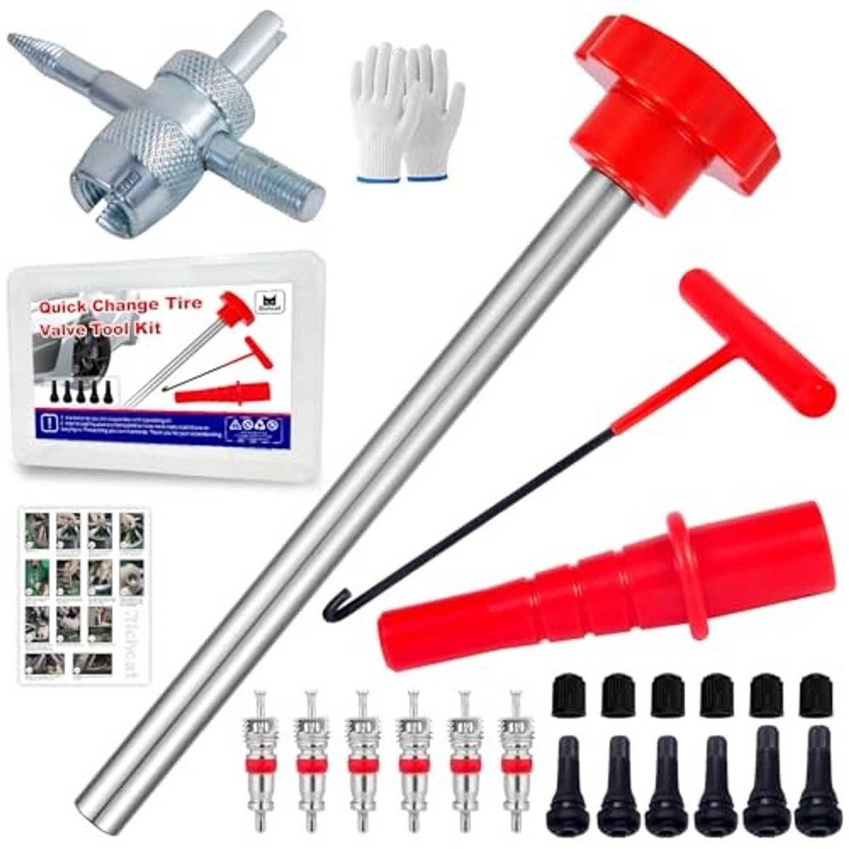 Tire valve stem core kit with long metal handle, red cap, gloves, and replacement cores
